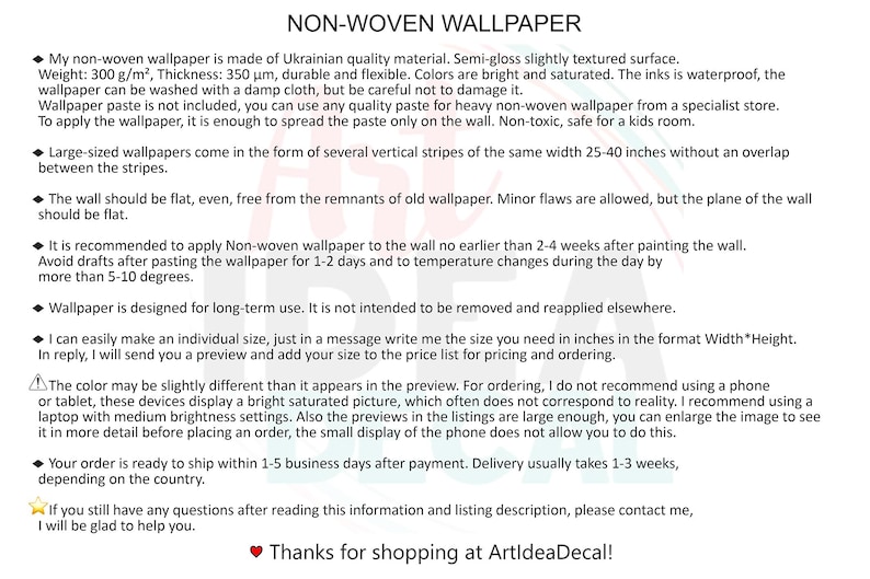 May include: Text description of non-woven wallpaper with details on material, care, and application. Includes information on sizing, color variations, and shipping. The text also mentions the wallpaper is safe for kids rooms.