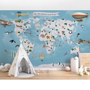 Personalisierte Kinder Wandtapete Schälen und Stick Weltkarte mit Tiere Kind Name Wandbild Kinderzimmer Tapete Jungen Mädchen Tapete Dekor