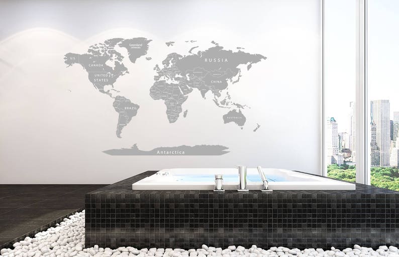Vinyl Printed \u0421olorful titles Gray World map Poster Detailed Map Decal Print Map with countries Push pin World map decal Map of world decor