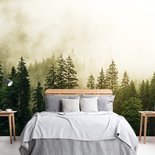 Forest Wall Mural Bedroom Wallpaper Green Rainy Forest Wall Etsy