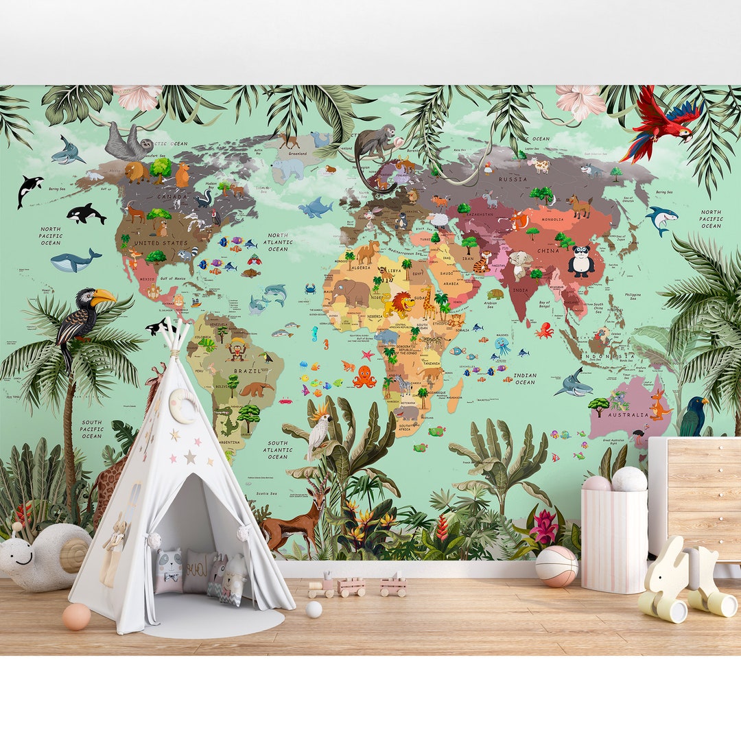 Cool Colorful Animal World Map Wallpaper for Childrens Playrooms