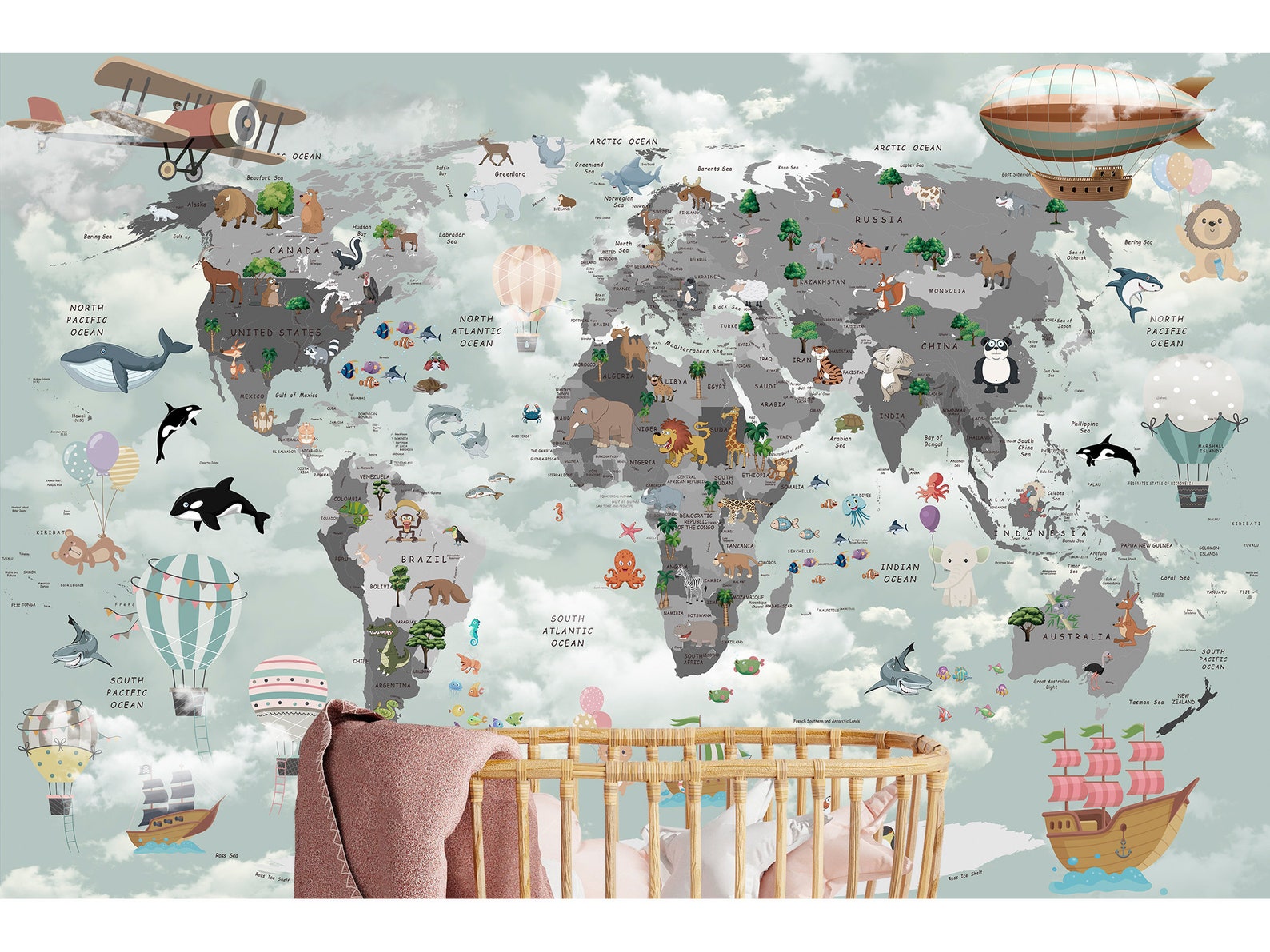 Peel and Stick Childrens Map Wall Mural Wallpaper Child World Etsy