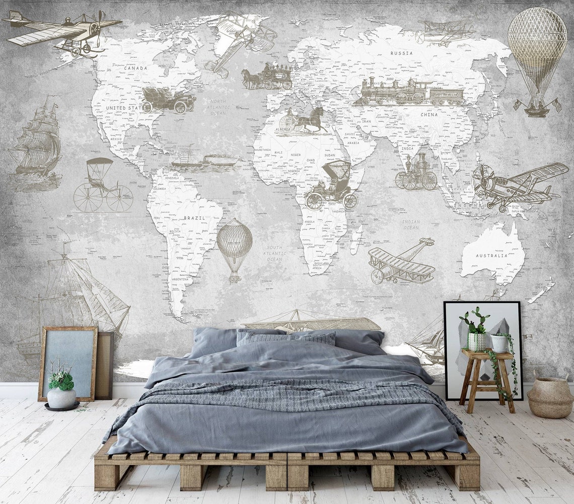 World Map Wallpaper Peel and Stick Selfadhesive Matte Vinyl Etsy