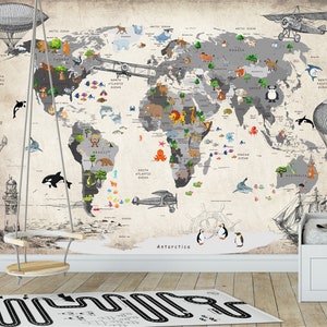 Carta da parati murale per bambini, carta da parati staccabile e adesiva, mappa del mondo degli animali, grande adesivo da parete, decorazione da parete per bambini, mappa del mondo per bambini, carta da parati vintage per bambini