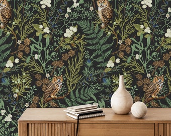 Eulen-magischer Wald botanische Tapete Weinlese-Wand-Dekor-dunkle Tapete Schälen und aufkleben Tapete Moderne Tapete dunkler botanischer Druck