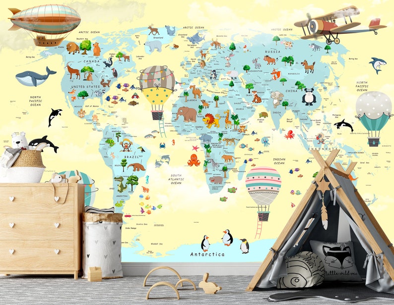 Kids Map Wallpaper World Map Nursery Wall Mural Peel and Stick Etsy