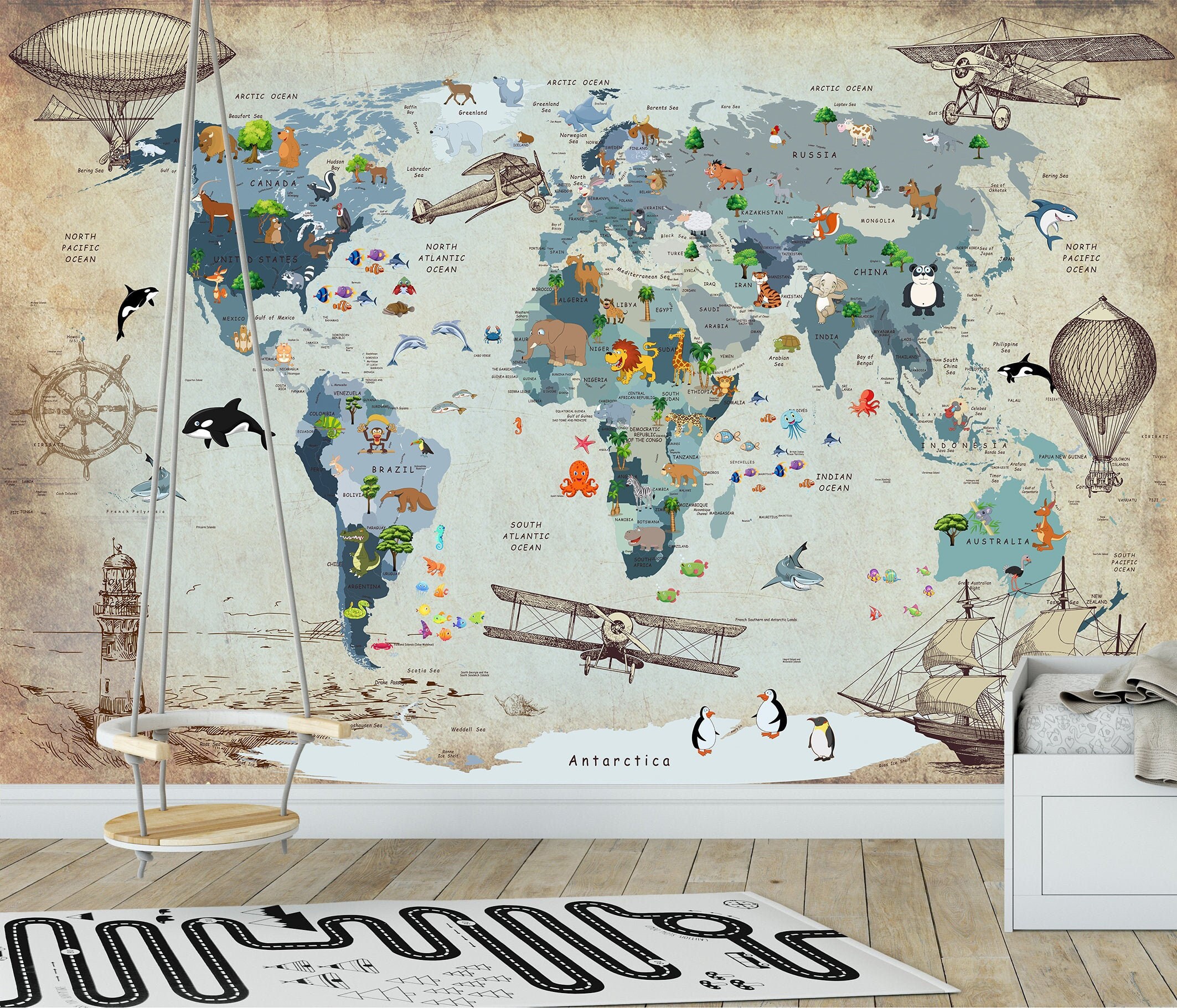 Murwall Papel tapiz de mapa del mundo para niños, colorido mapa del continente, mural de pared con mapa educativo para habitación infantil (Azul Murwall Papel tapiz de mapa del mundo para niños, colorido mapa del continente, mural de pared con mapa educativo para habitación infantil (Azul