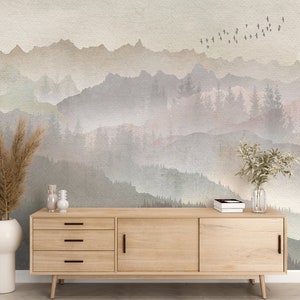 壁紙 水彩画 山 森 風景 壁画 ニュートラルベージュ壁紙 オンブル 山 風景 剥がして貼るだけ 壁画 装飾