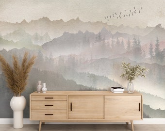Wallpaper Watercolor Mountain Forest Landscape Wall Mural Neutral Beige Wallpaper Ombre Mountains Scenery Peel and Stick Wall Mural Decor