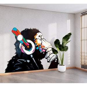 Thinking Monkey Large Vinyl Sticker DJ Monkey Headphones Wall Decal Music Street Art Graffiti Home Office Gym Wall Decor Gorilla Chimp Art