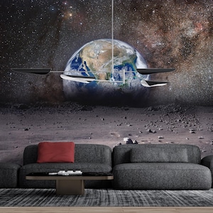Carta da parati murale con pianeta Terra e luna, carta da parati fantasy cosmica, murale spaziale per bambini o adolescenti, murale staccabile e attaccabile con universo spaziale.