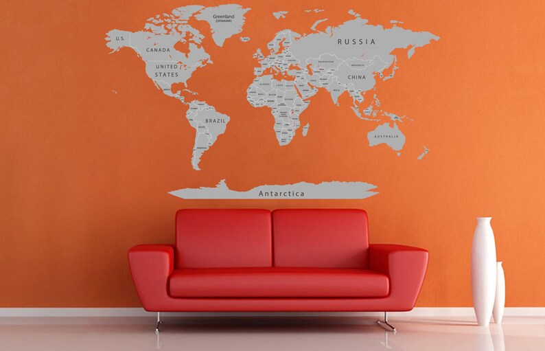 Vinyl Printed \u0421olorful titles Gray World map Poster Detailed Map Decal Print Map with countries Push pin World map decal Map of world decor