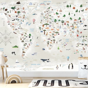 Carta da parati murale per bambini educativi, personalizzata - Carta da parati per bambini, Carta da parati con mappa del mondo, Adesivo grande per bambini in vinile staccabile e attaccabile