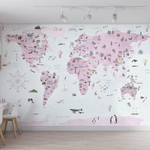 Kinder Wandbild Weltkarte mit Tieren, Kontinenten und Landschaften - Kinderzimmer Wandbild Schule und Vorschule Wanddeko