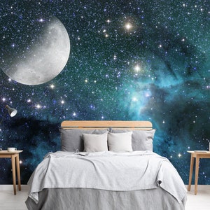 Fantastica carta da parati con luna piena e spazio esterno, stacca e attacca \ Carta da parati tradizionale, fantasy, cielo notturno, galassia, stelle, paesaggio, carta da parati per camera da letto
