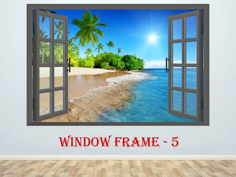 3D Window Beach Sea Wall decor Vinyl Poster Nature 3D Window view Wall decal Window effect Wall sticker Prints Poster Window sticker