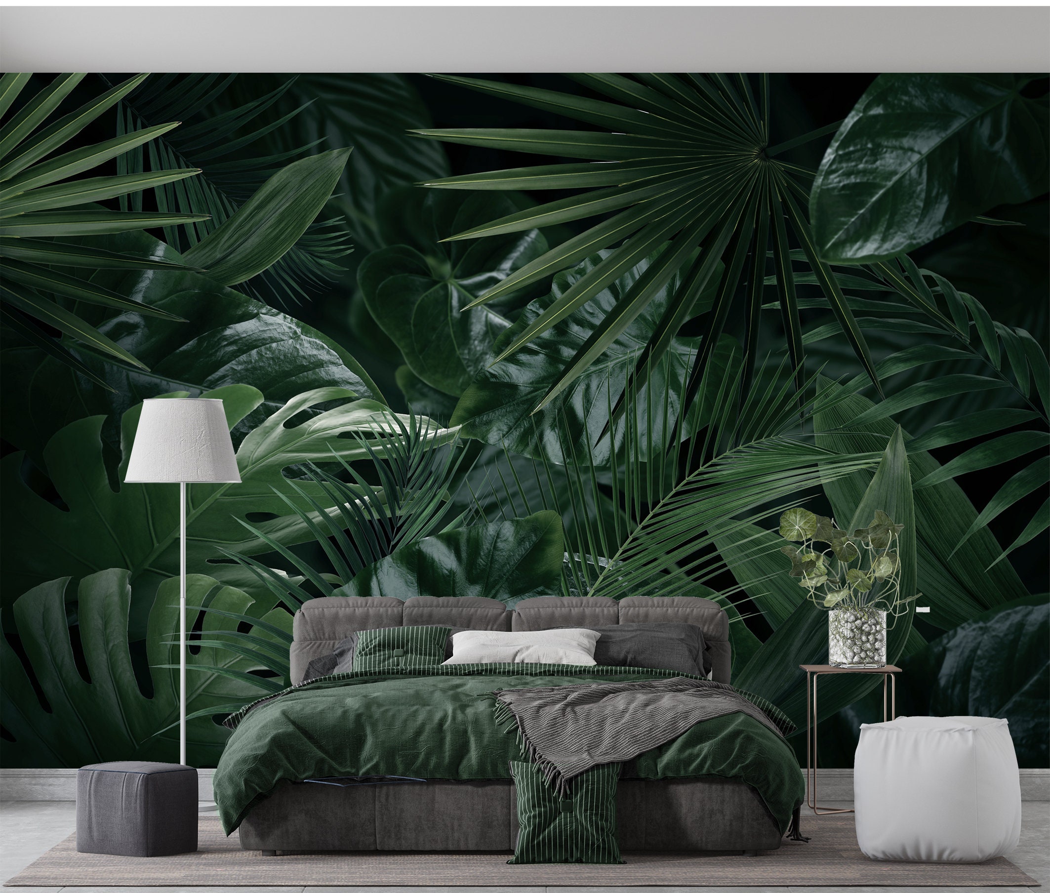 Tropical Leaf Botanical Wallpaper - Dark Green Peel and Stick Mural for ...