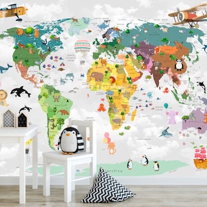 Kinder Tiere Weltkarte mit farbigen Ländern Kinderzimmer Wandbild Tapete Schälen und Aufkleben Große Weltkarte Print Kind Schlafzimmer Tapete