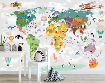 Kids Animals Map of World with Colored Countries Nursery Wall Mural Wallpaper Peel and Stick Large World Map Print Child Bedroom Wallpaper