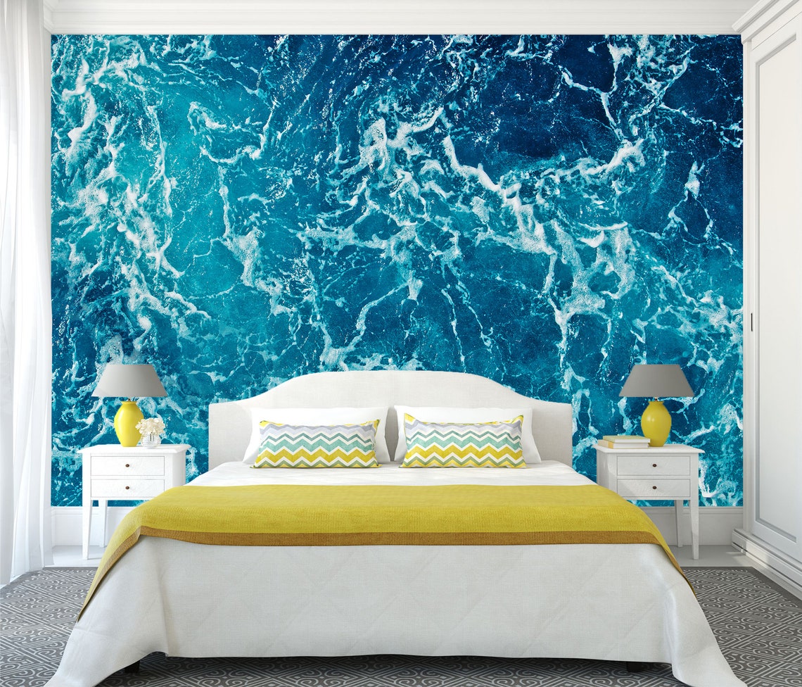 Blue Water Surface Bathroom Wallpaper Ocean Sea Waves Etsy