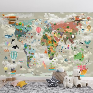 May include: A wall mural featuring a world map with colorful illustrations of animals, hot air balloons, and ships, set against a cloudy sky background. The map displays continents and oceans with various creatures placed across the globe.