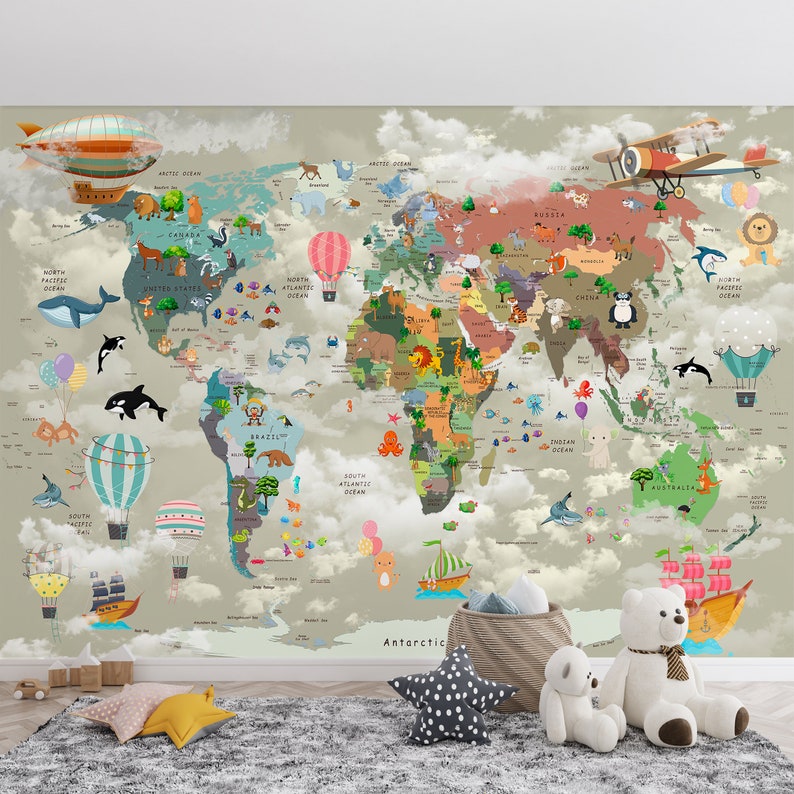 May include: A wall mural featuring a world map with colorful illustrations of animals, hot air balloons, and ships, set against a cloudy sky background. The map displays continents and oceans with various creatures placed across the globe.