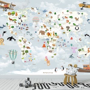 Kinderzimmer Wand Dekor niedlichen Animal World Map Tapete schälen und aufkleben Wandbild Kind Babyzimmer Tapete Spielzimmer Kinderzimmer Kunst Kinder Tapete