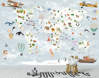 Kids Room Wall Decor Cute Animal World Map Wallpaper Peel and Stick Wall Mural Child Baby Room Wallpaper Playroom Nursery Art Kids Wallpaper