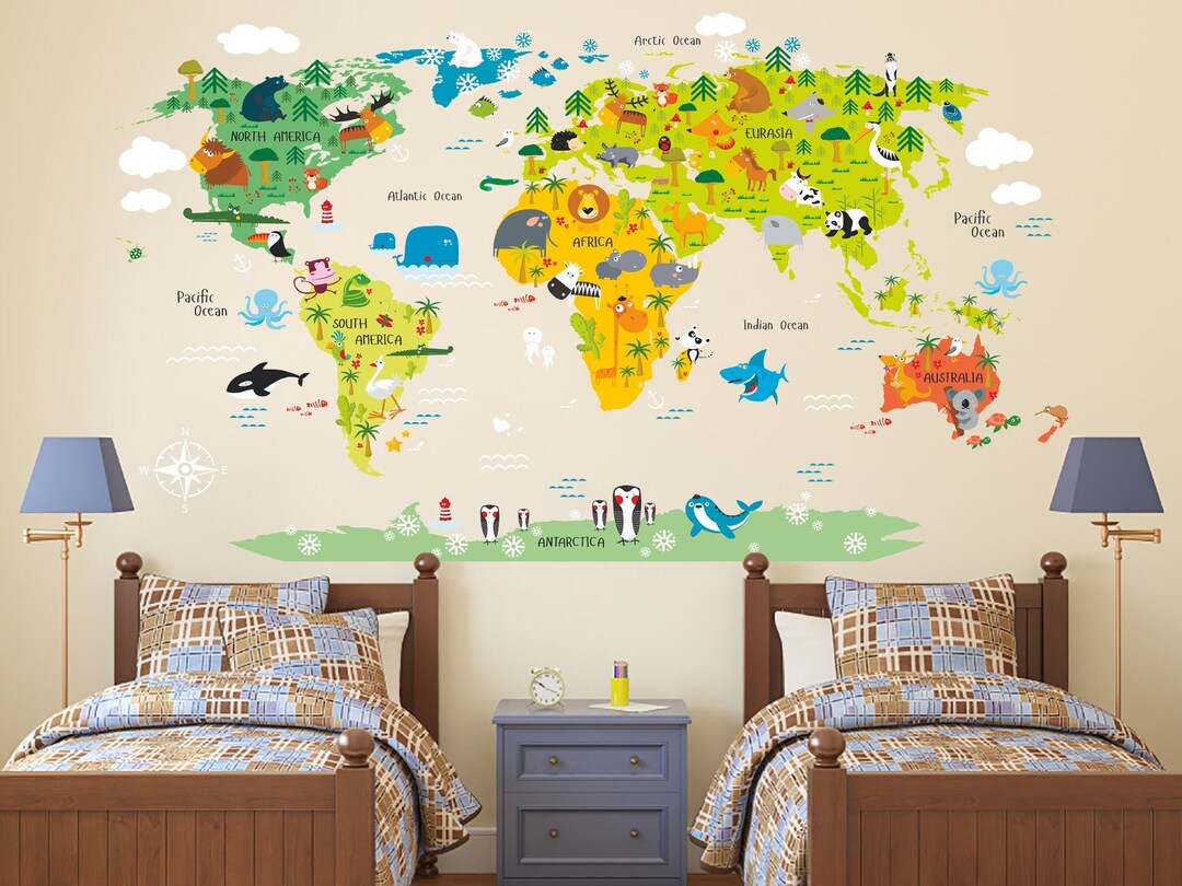 Kids World Map Decal Large Wall Sticker Map With Animals Kids Room Wall