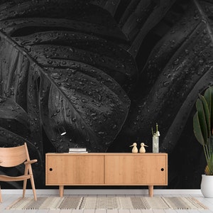 Schwarze Tropische Blätter Tapete Vintage Wandbild Dunkel Botanische Wanddekoration Schälen und Aufkleben / Traditionelle Tapete Monstera Wandbild