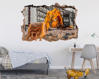 Excavator Wall Sticker Construction Wall Decal Kids Room, Playroom Decor Print