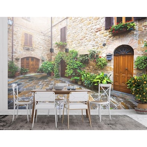 Tuscan Stone Wall Mural Italian Courtyard Wallpaper Mediterranean Village Wall Mural Rustic Italy Street Wallpaper Peel and Stick / Trad.
