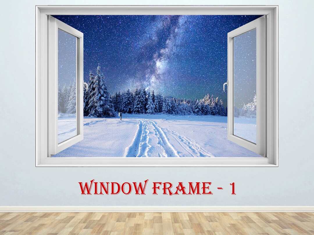 3D Window Wall Sticker Winter Forest Milky Way Window View Wall Decal