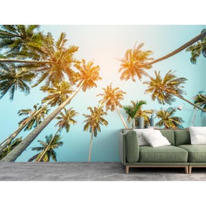 Carta da parati murale con palme, cielo tropicale, carta da parati adesiva per soggiorno, camera da letto, carta da parati tropicale, stampa murale con palme e natura