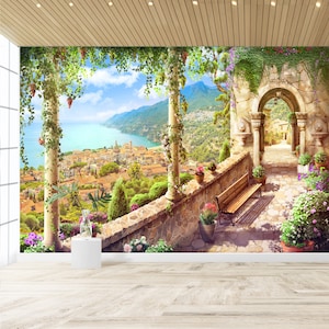 Antica città strada architettura murale carta da parati staccare e attaccare mare Grecia Italia camera da letto murales vecchia città mediterranea panorama carta
