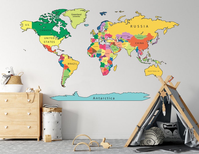 Large World Map Decal Detailed Political Map Wall Sticker Etsy