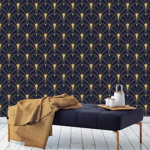 Carta da parati Art Deco con motivi a ventaglio - Decorazione murale geometrica vintage blu scuro - Stacca e incolla autoadesiva - Stampa minimalista tradizionale
