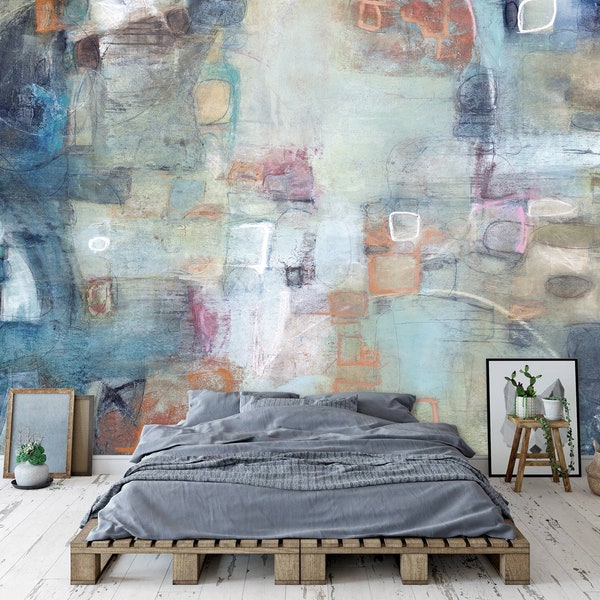 Abstract Painting Wallpaper Peel and Stick Wall Mural Printable Wallpaper Abstract Squares Pattern Bedroom Living Room Blue Tones Wallpaper