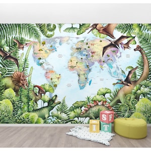 Mural Kids World Map with Dinosaurs Wallpaper Peel and Stick Child Room Wall Decor Playroom Nursery Wallpaper Jurassic Park Accent Wall Art