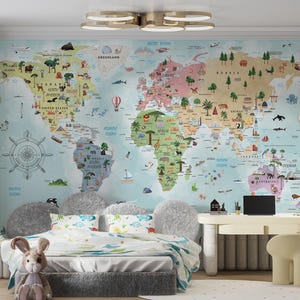 Kids Mural Wallpaper Animals and Landmarks World Map Colorful Nursery Playroom Wall Decor Self-adhesive \ Non-woven
