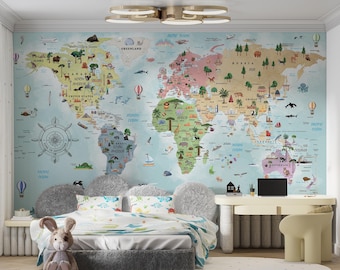 Kids Mural Wallpaper Animals and Landmarks World Map Colorful Nursery Playroom Wall Decor Self-adhesive \ Non-woven