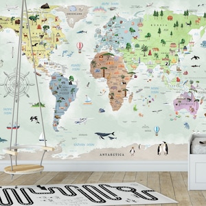 Papier peint mural mignon carte du monde animal - Papier peint éducatif pour chambre de tout-petit ou salle de classe Papier peint aquarelle coloré avec pellicule de protection