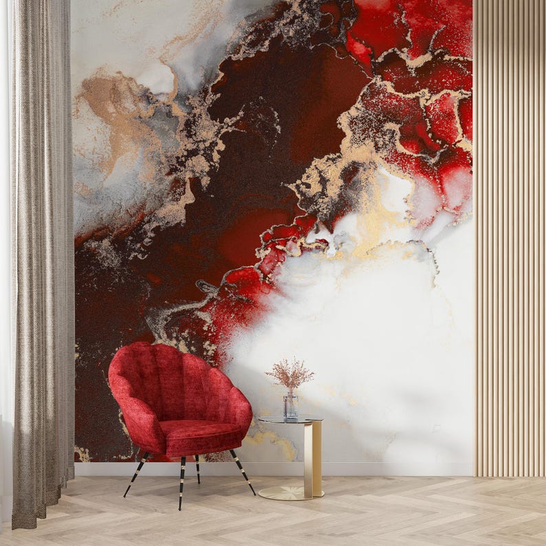 Luxury Red Abstract Marble Peel and Stick Wallpaper | Custom Size Wall ...