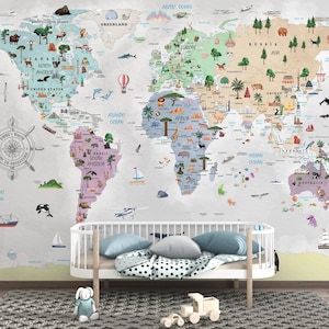 Murale con mappa del mondo per bambini – Carta da parati educativa illustrata per asili nido e sale giochi