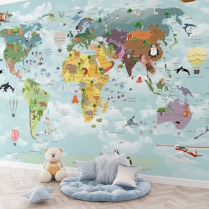 Tier Karte Bunte Tapete Kinderzimmer Wandbild Kinder Wand Dekor Weltkarte Tapete Schälen und Aufkleben / Traditionelle Kinderzimmer Kunst Tapete Wandbilder