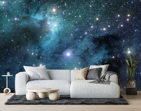 Blue Starry Sky Wall Mural Wallpaper Peel and Stick Space Stars Wallpaper Print Cosmic Astronomy Universe Wallpaper Kids Bedroom Wallpaper
