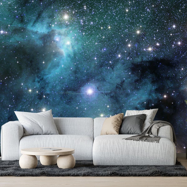 Blue Starry Sky Wall Mural Wallpaper Peel and Stick Space Stars Wallpaper Print Cosmic Astronomy Universe Wallpaper Kids Bedroom Wallpaper