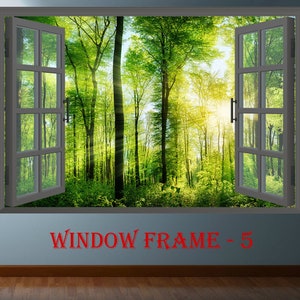 Könnte beinhalten: Ein Fensterrahmen-Aufkleber mit Blick auf einen üppigen grünen Wald mit Sonnenstrahlen, die durch die Bäume scheinen. Der Text "WINDOW FRAME - 5" ist unter dem Fenster gedruckt.