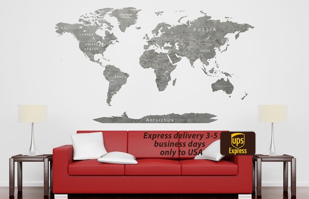 World Map Decal Grey Map Wall Sticker Greyscale Wall Decor - Etsy