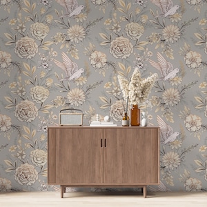Carta da parati floreale vintage con uccelli - Decorazione murale botanica beige e grigia - Carta da parati staccabile e adesiva / Carta da parati tradizionale